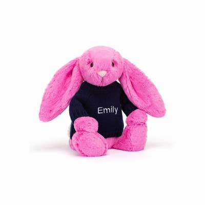 Jellycat Bashful Hot Pink Bunny with Navy Jumper New Zealand | LSZFG1082